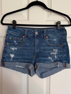 American Eagle Distressed Denim Shorts - Blue Hi-Rise Shortie